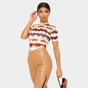 Brown tie dye printed slinky fitted T-shirt